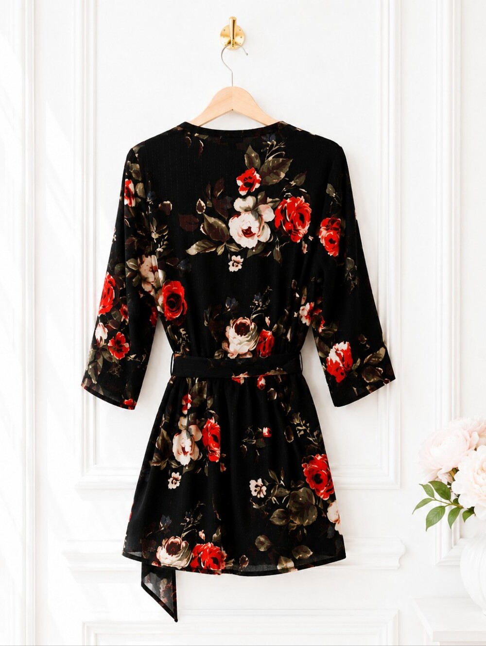 J for Justify Black Floral Mini Dress L Belted V Neck 3/4 Sleeve Romantic - Picture 7 of 11